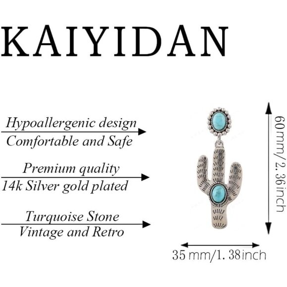 Turquoise Cactus shaped Vintage Long Summer Earring for Women Jewelry - Picture 4 of 9